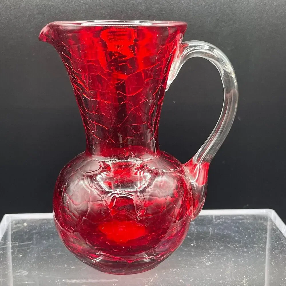Vintage Ruby Red Crackle Glass Mini Pitcher Applied Clear Handle Pontil Mark